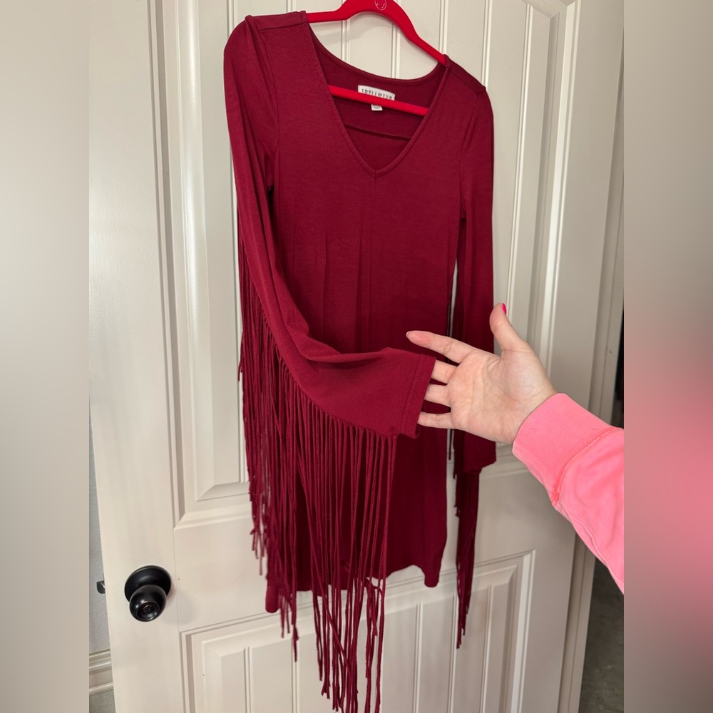 IDYLLWIND 🤠 Burgundy Fringe Long Sleeve Mini Dress (Women’s Size Small) - Picture 4 of 10